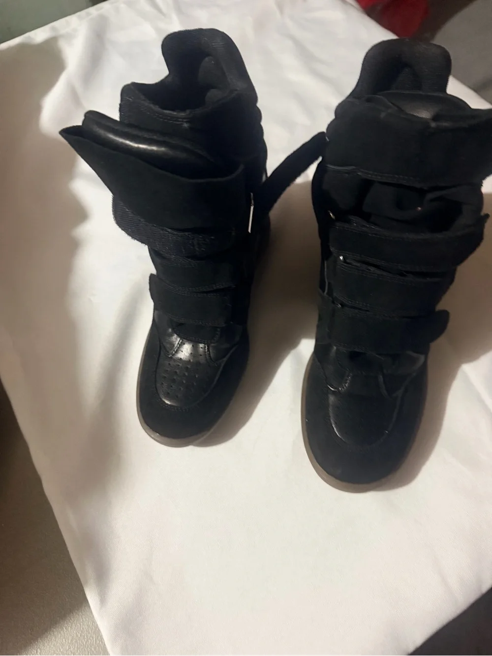 Black Suede Wedge High-Top Sneaker Boots with Velcro Straps